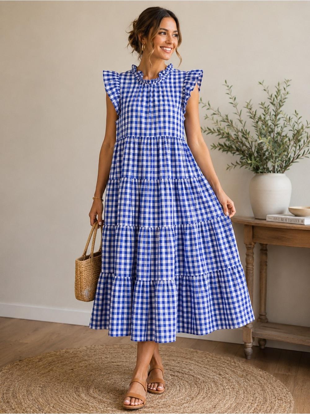 J.Crew Blue White Gingham Tiered Midi Dress Ruffle Neck Cotton Size Medium